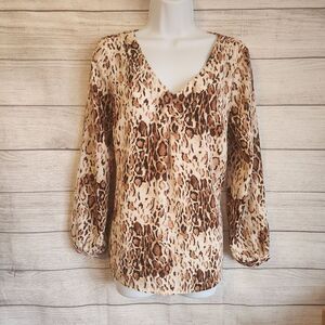 Adrienne Vittadini M Leopard Blouse Sheer Boho Chic Flowy Top